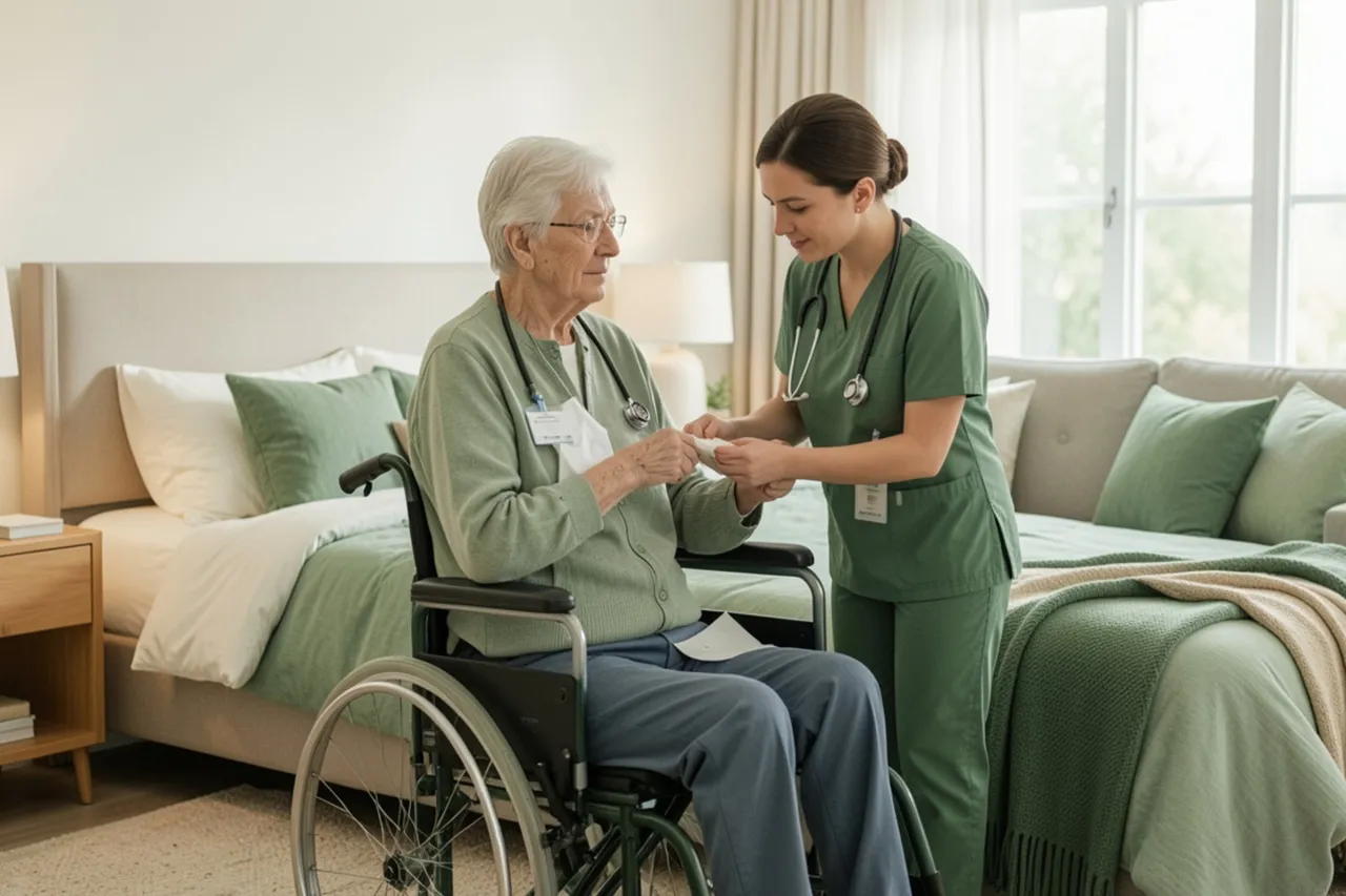 In a bedroom, an elderly woman in a wheelchair receives medication or medical supplies from a caregiver in green scrubs.